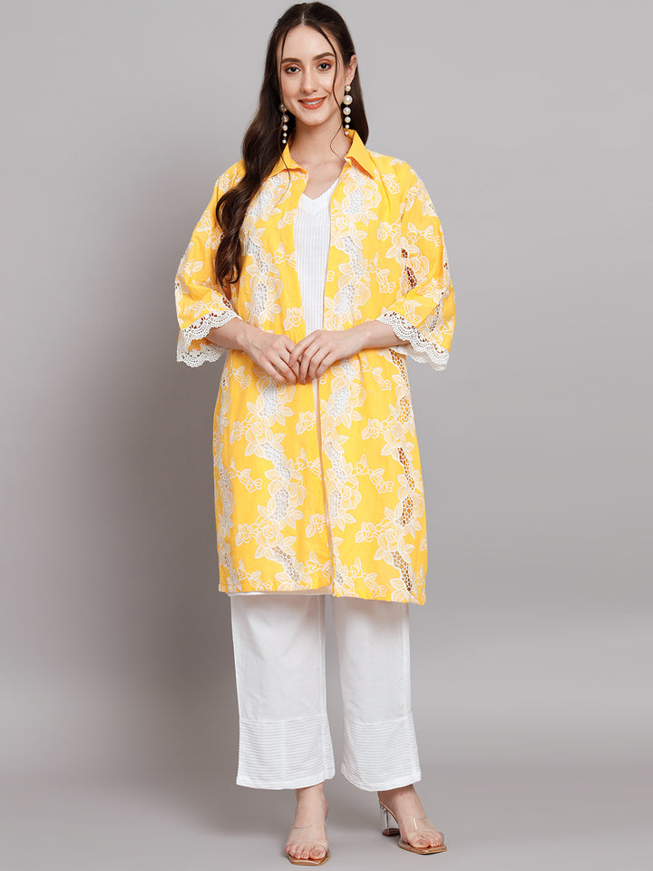 Women's Floral Embroidered Thread Work Pure Cotton Kurti with Palazzo & Jacket