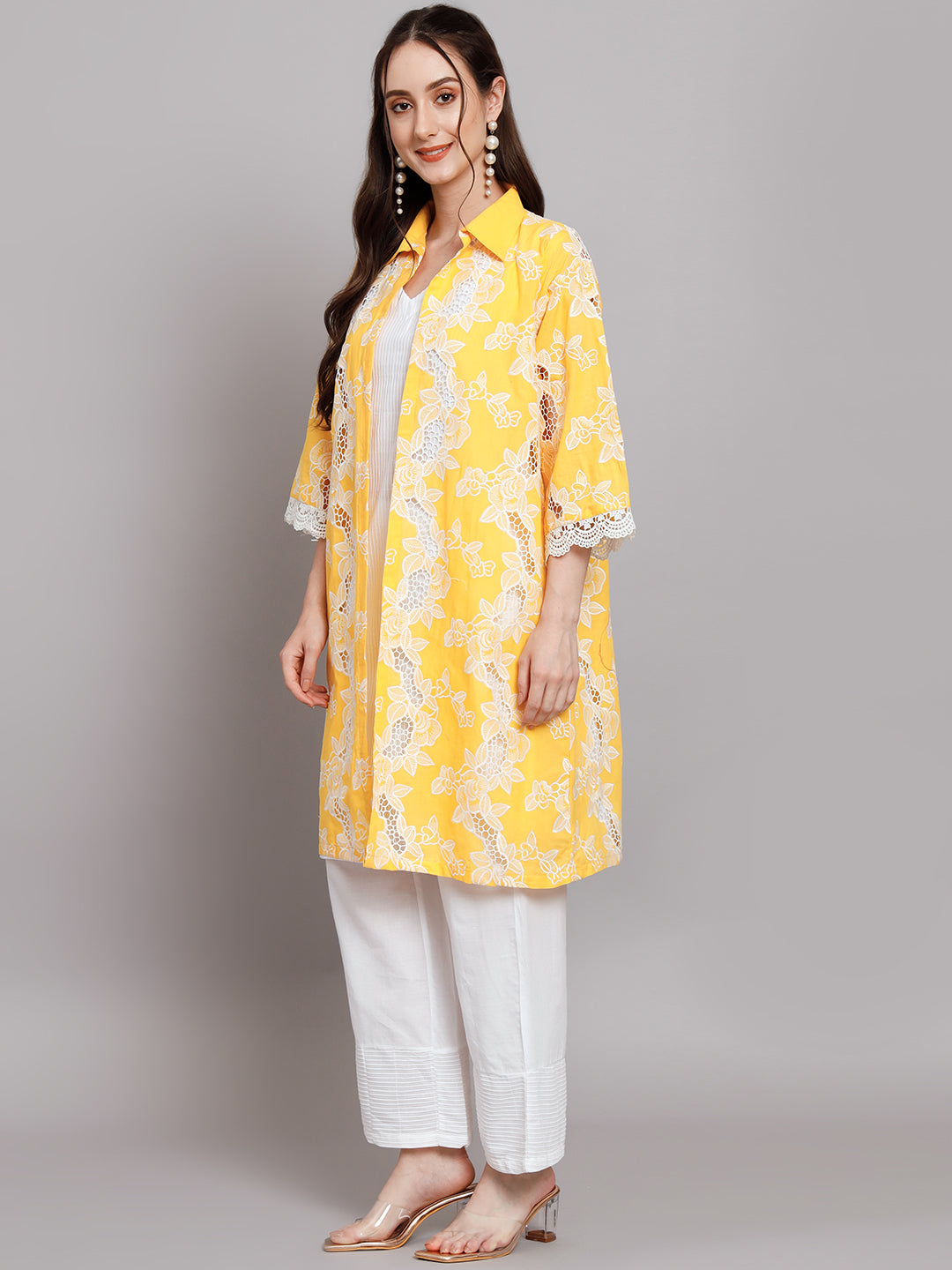 Women's Floral Embroidered Thread Work Pure Cotton Kurti with Palazzo & Jacket