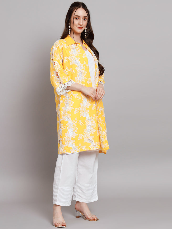 Women's Floral Embroidered Thread Work Pure Cotton Kurti with Palazzo & Jacket