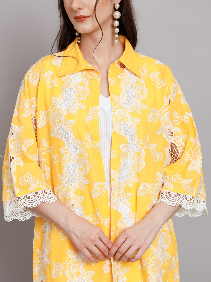 Women's Floral Embroidered Thread Work Pure Cotton Kurti with Palazzo & Jacket