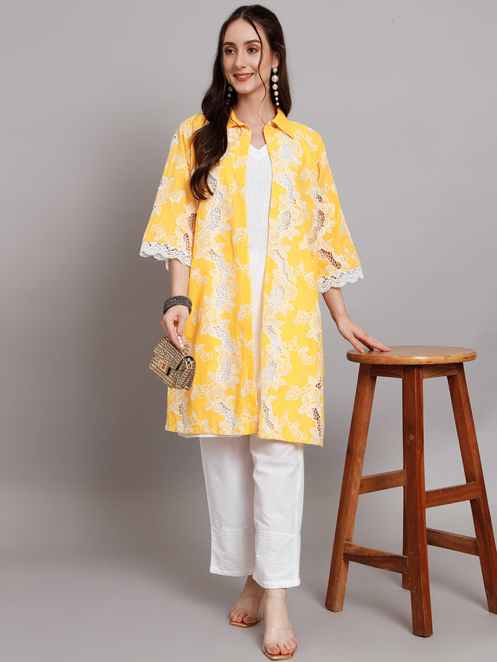 Women's Floral Embroidered Thread Work Pure Cotton Kurti with Palazzo & Jacket