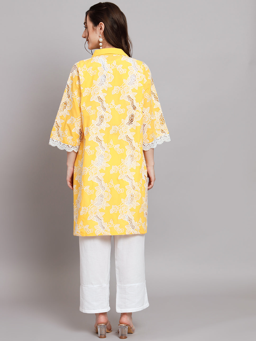 Women's Floral Embroidered Thread Work Pure Cotton Kurti with Palazzo & Jacket