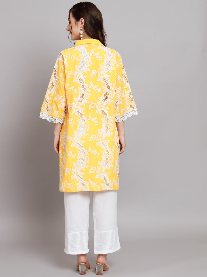 Women's Floral Embroidered Thread Work Pure Cotton Kurti with Palazzo & Jacket