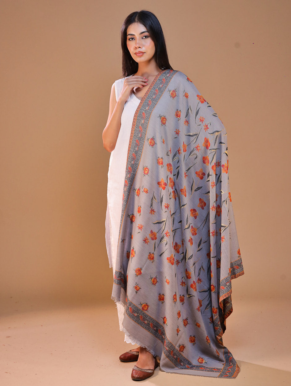 महिलाओं के लिए सफ़ेद कानी ऊनी पुष्प शॉल