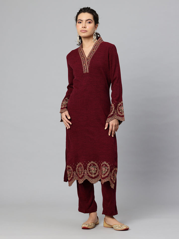 Women's Kashmiri Embroidered Woollen Co-ords – Kurta and Trousers