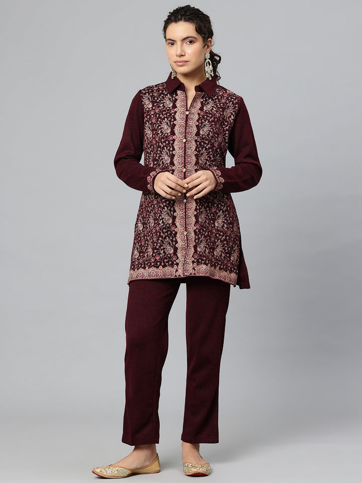 Women's Kashmiri Embroidered Woollen Co-ords – Kurta and Trousers