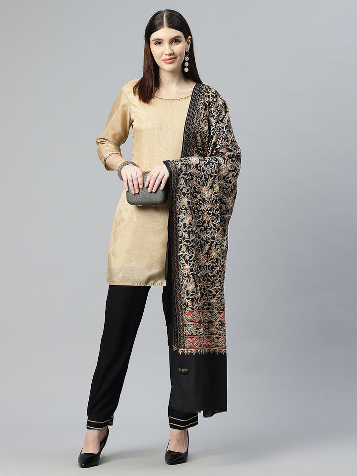 महिलाओं के लिए बोतल ग्रीन सिल्की आरी कढ़ाई ऊनी शॉल