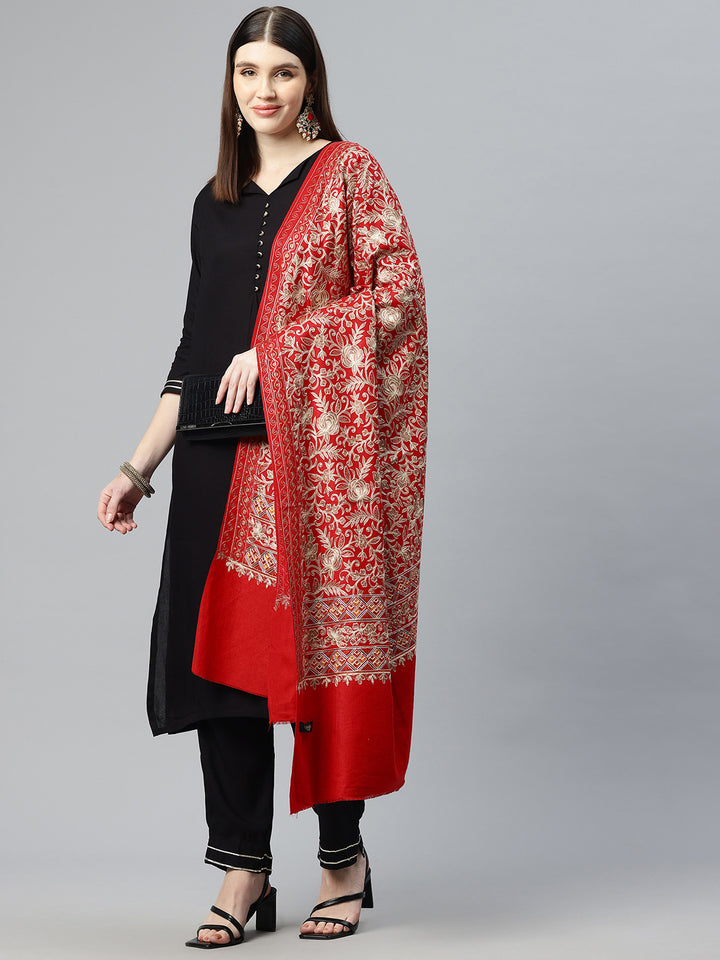 महिलाओं के लिए बोतल ग्रीन सिल्की आरी कढ़ाई ऊनी शॉल