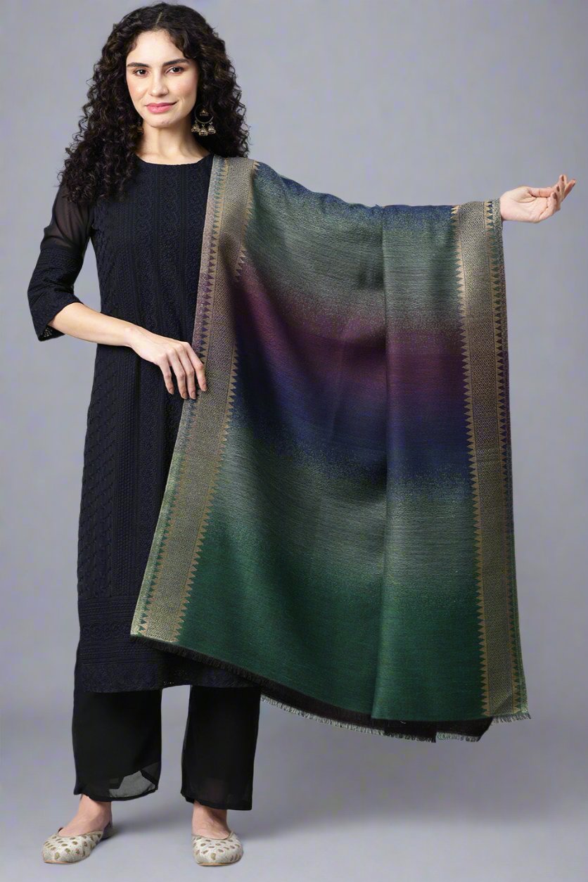 Women's Striped Wool Shawl with Zari Border