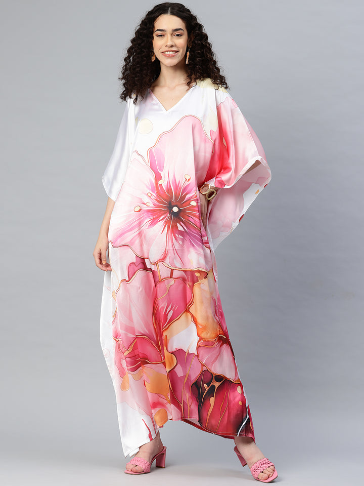 Women's Printed V-Neck Sleeves Long Satin Kaftan