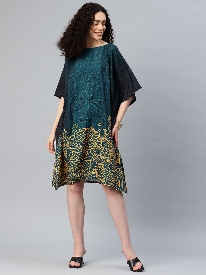 Women's Printed Boat Neck Sleeves Short Kaftan Kurti