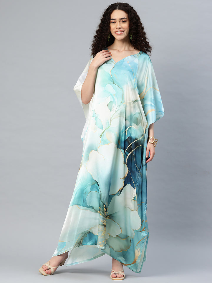 Women's Printed V-Neck Sleeves Long Satin Kaftan