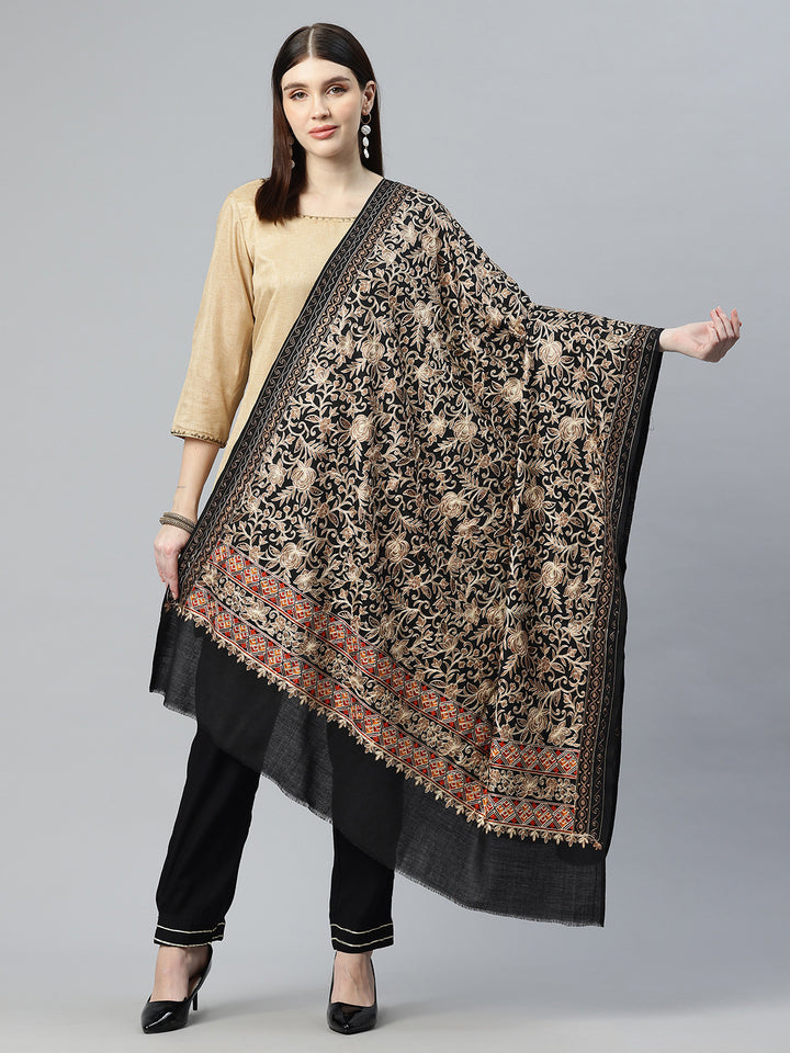 महिलाओं के लिए बोतल ग्रीन सिल्की आरी कढ़ाई ऊनी शॉल