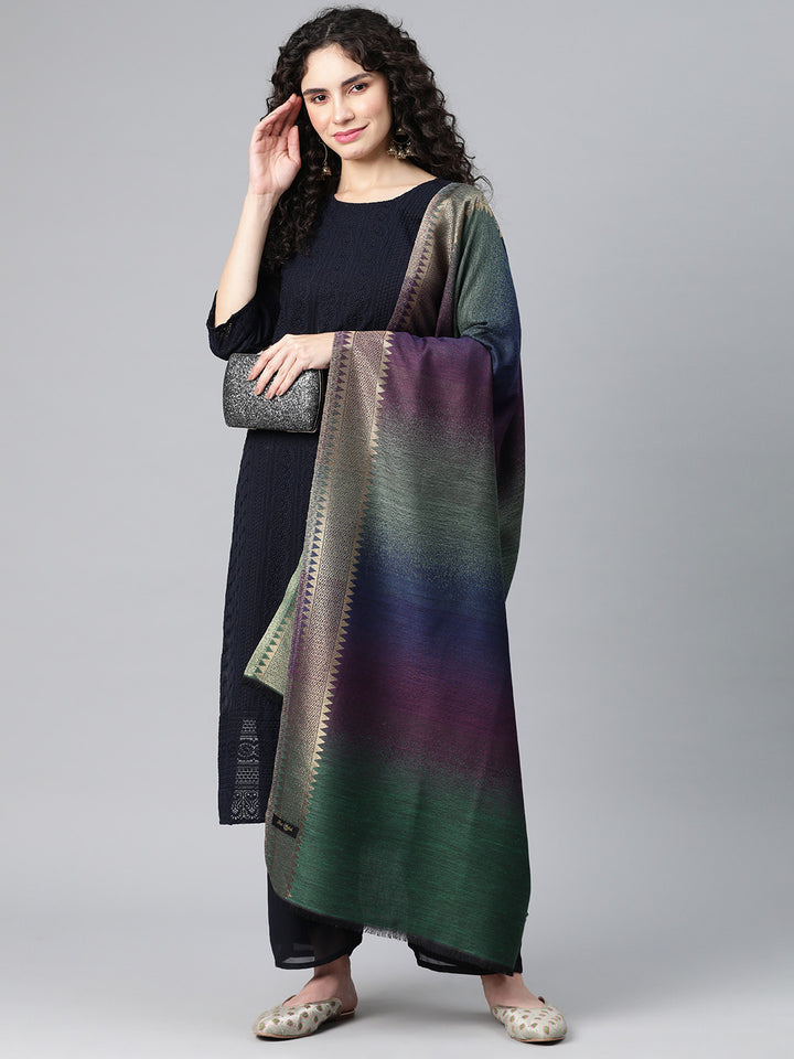 Women's Striped Wool Shawl with Zari Border