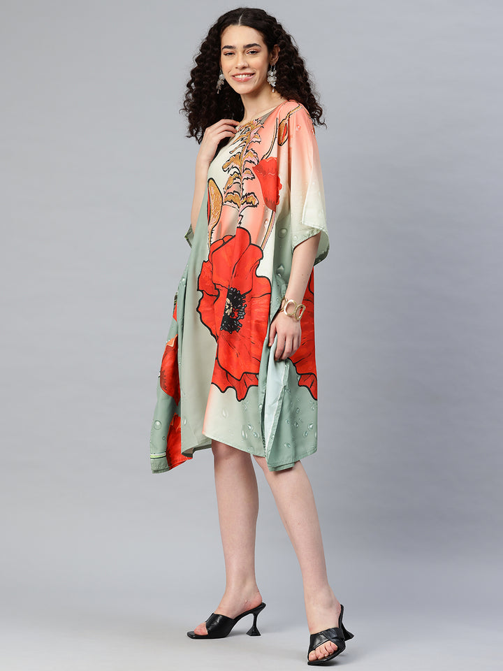 Women's Printed Boat Neck Sleeves Short Kaftan Kurti