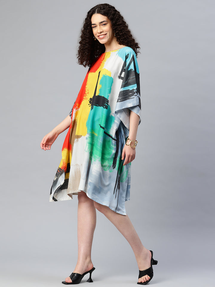 Women's Printed Boat Neck Sleeves Short Kaftan Kurti