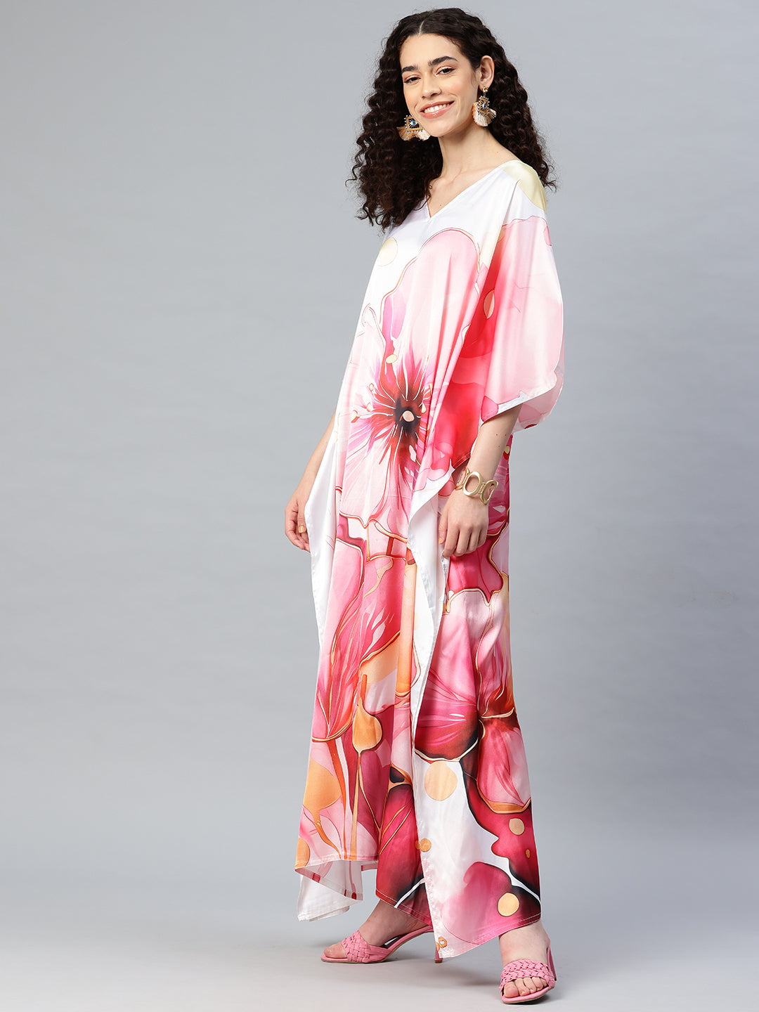 Women's Printed V-Neck Sleeves Long Satin Kaftan