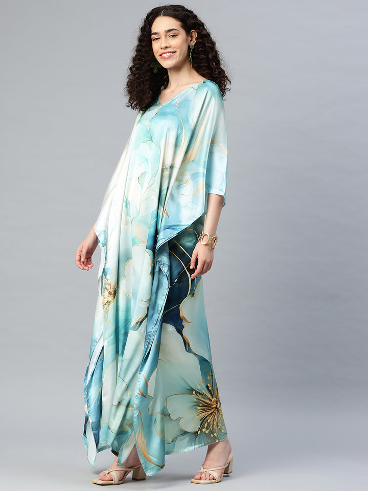 Women's Printed V-Neck Sleeves Long Satin Kaftan