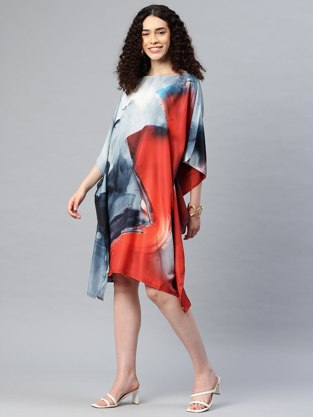 Women's Printed Boat Neck Sleeves Short Kaftan Kurti