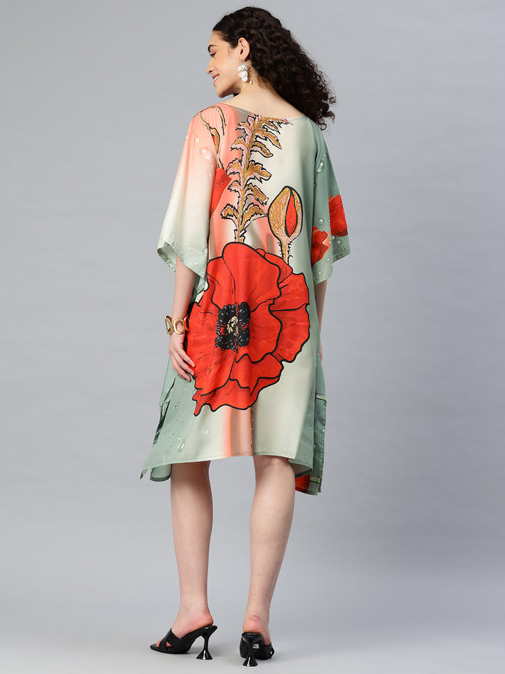 Women's Printed Boat Neck Sleeves Short Kaftan Kurti