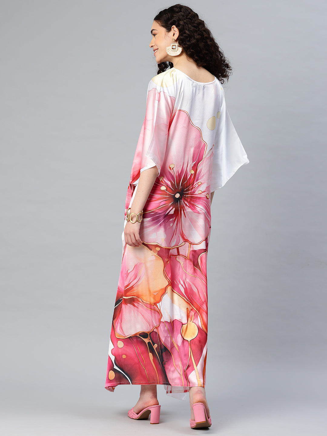 Women's Printed V-Neck Sleeves Long Satin Kaftan