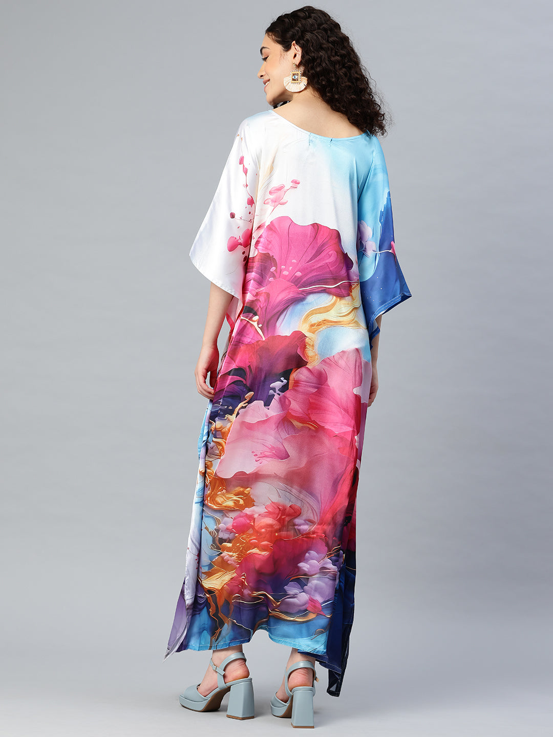 Women's Printed V-Neck Sleeves Long Satin Kaftan
