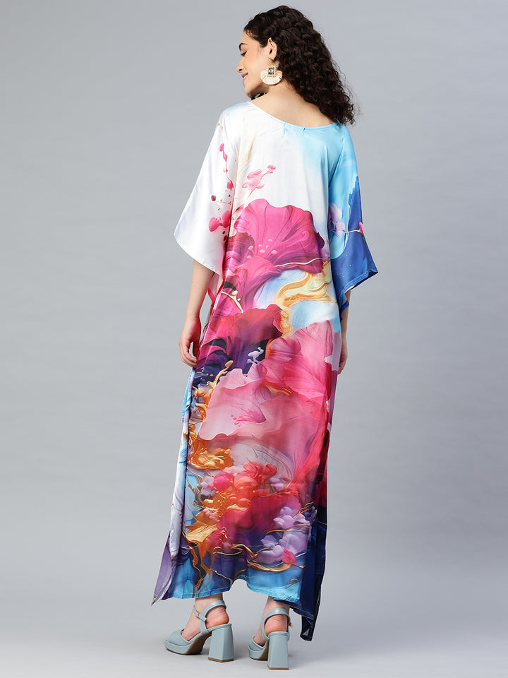 Women's Printed V-Neck Sleeves Long Satin Kaftan