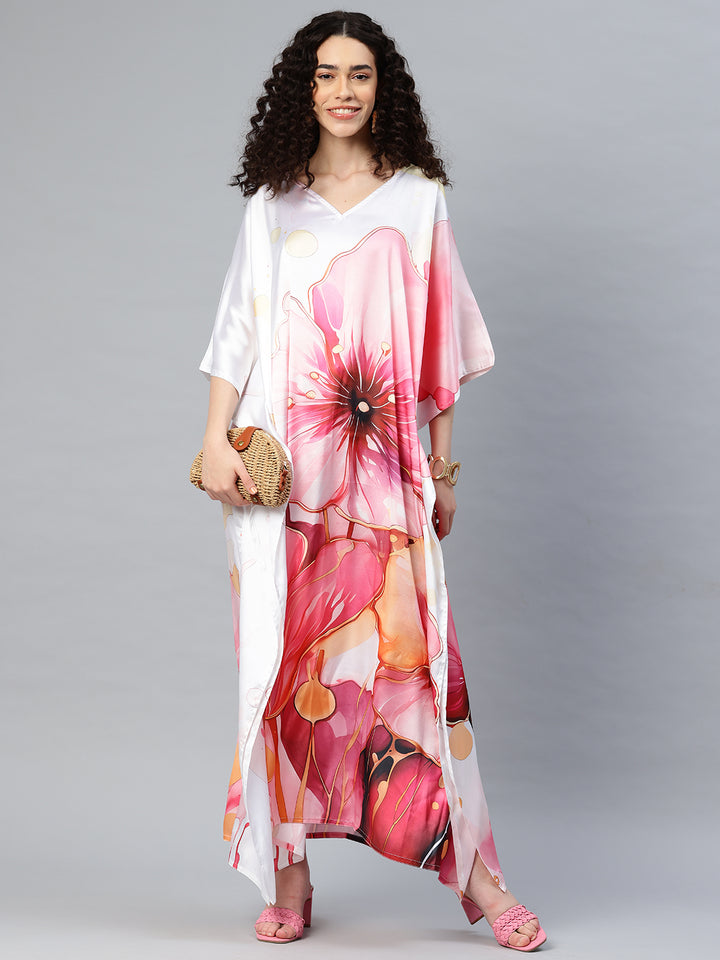 Women's Printed V-Neck Sleeves Long Satin Kaftan