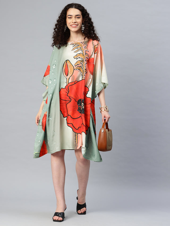 Women's Printed Boat Neck Sleeves Short Kaftan Kurti
