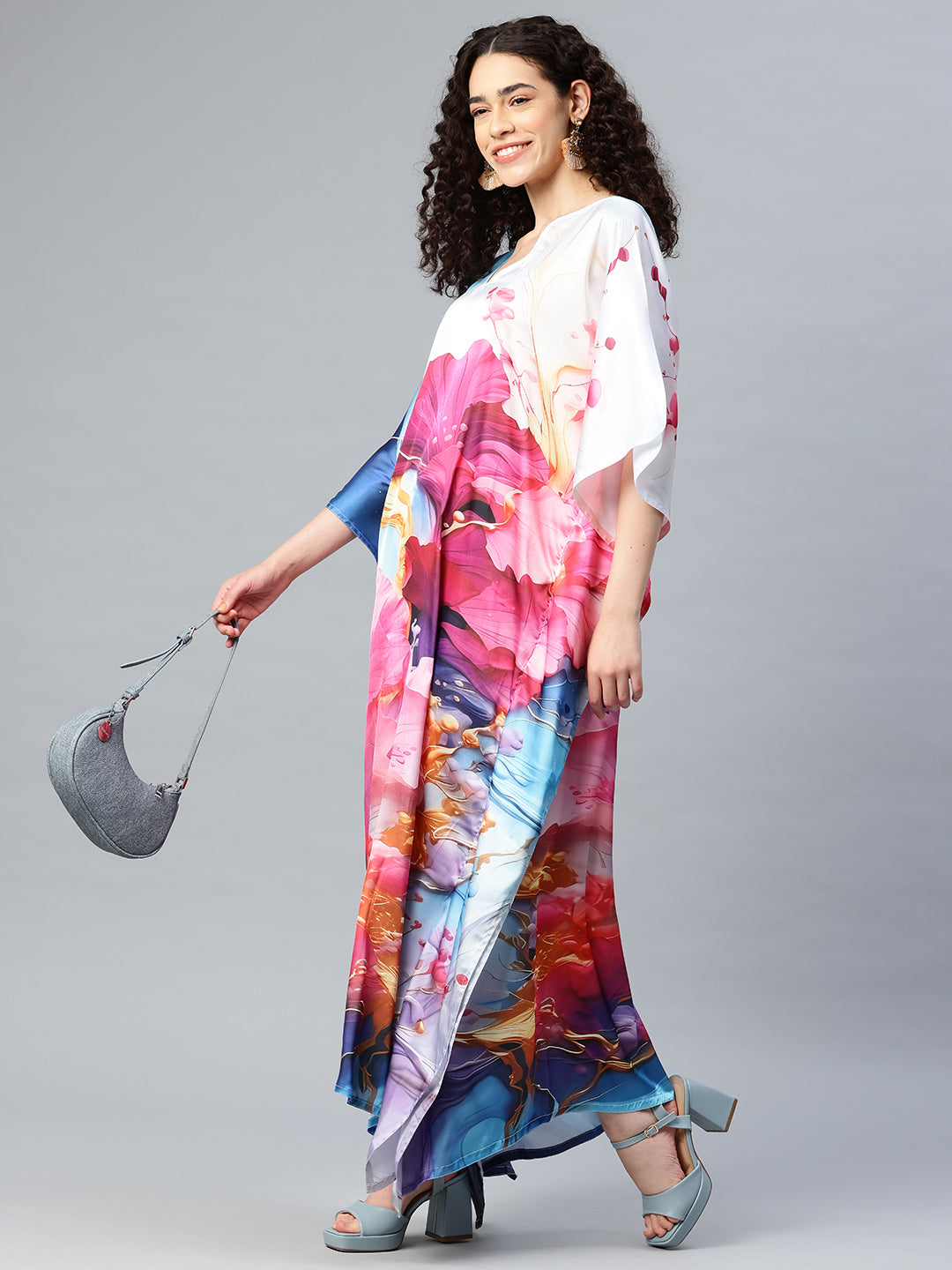 Women's Printed V-Neck Sleeves Long Satin Kaftan