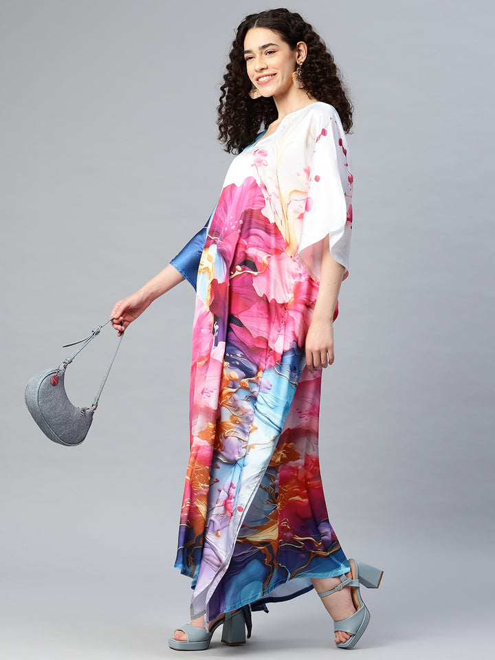 Women's Printed V-Neck Sleeves Long Satin Kaftan
