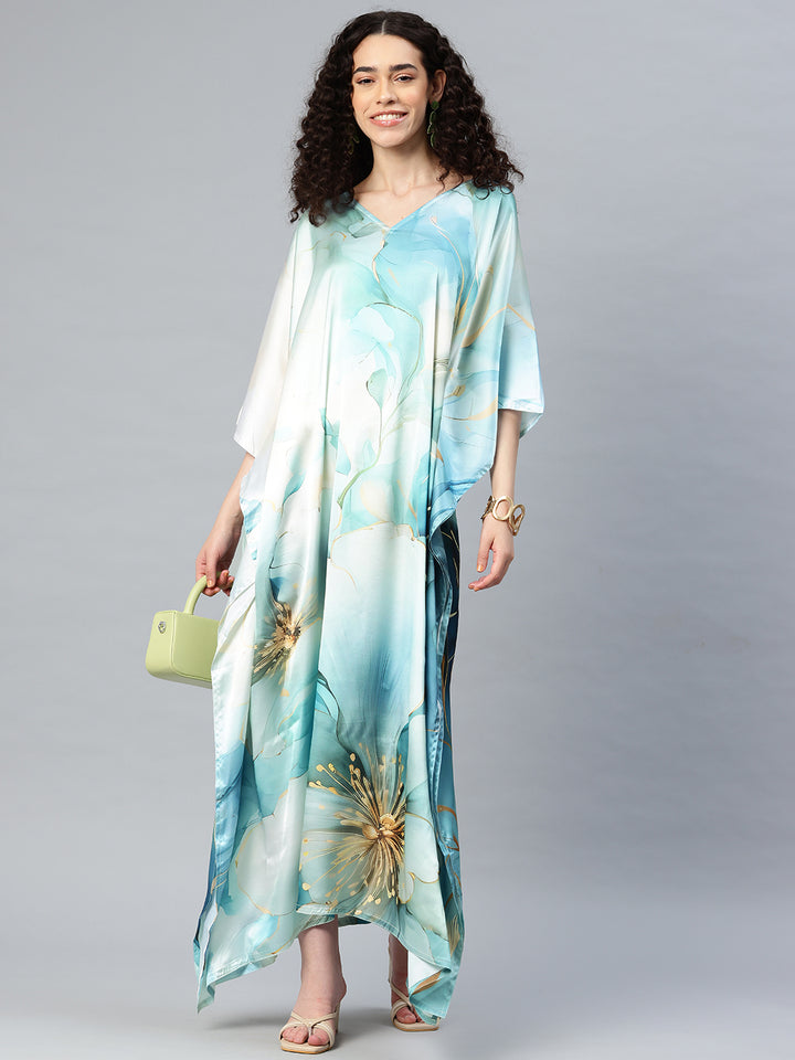 Women's Printed V-Neck Sleeves Long Satin Kaftan
