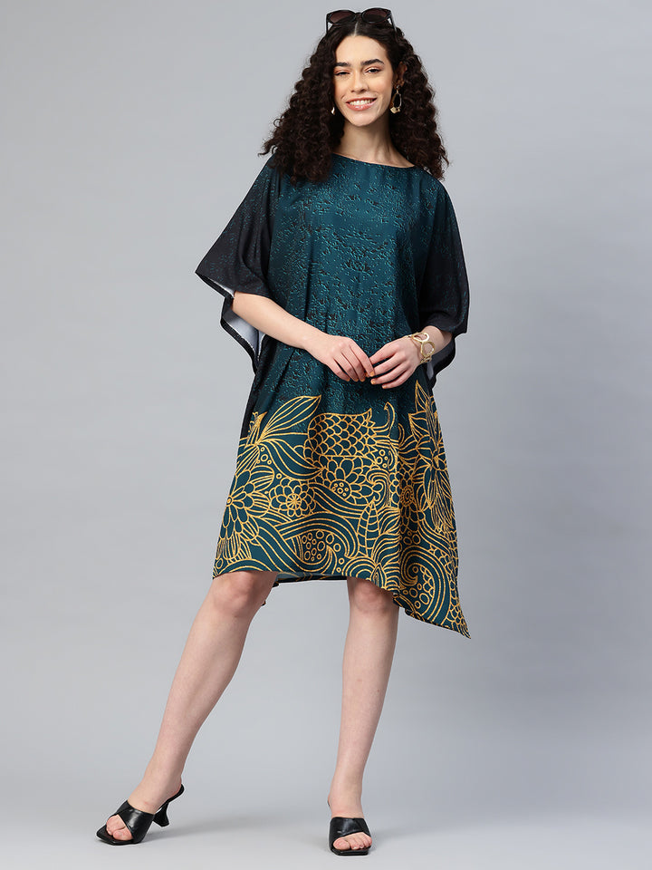 Women's Printed Boat Neck Sleeves Short Kaftan Kurti