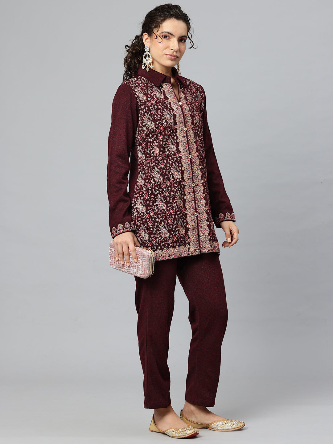 Women's Kashmiri Embroidered Woollen Co-ords – Kurta and Trousers
