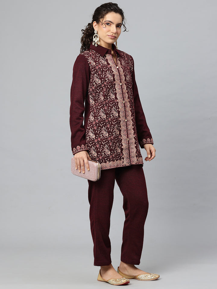 Women's Kashmiri Embroidered Woollen Co-ords – Kurta and Trousers