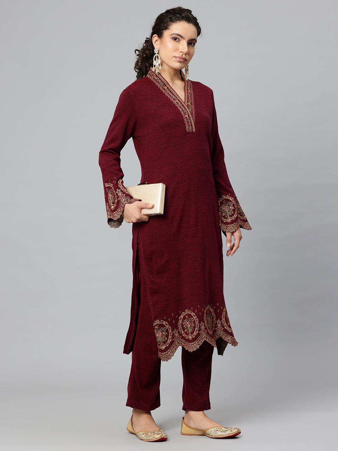 Women's Kashmiri Embroidered Woollen Co-ords – Kurta and Trousers