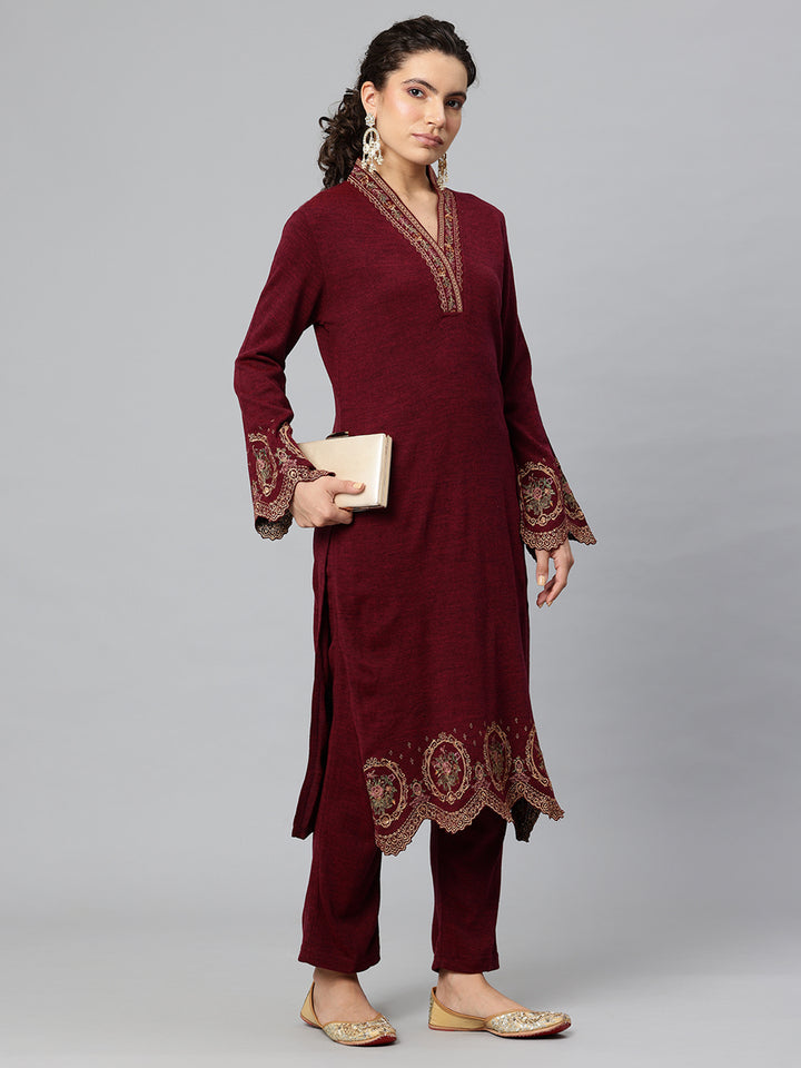 Women's Kashmiri Embroidered Woollen Co-ords – Kurta and Trousers