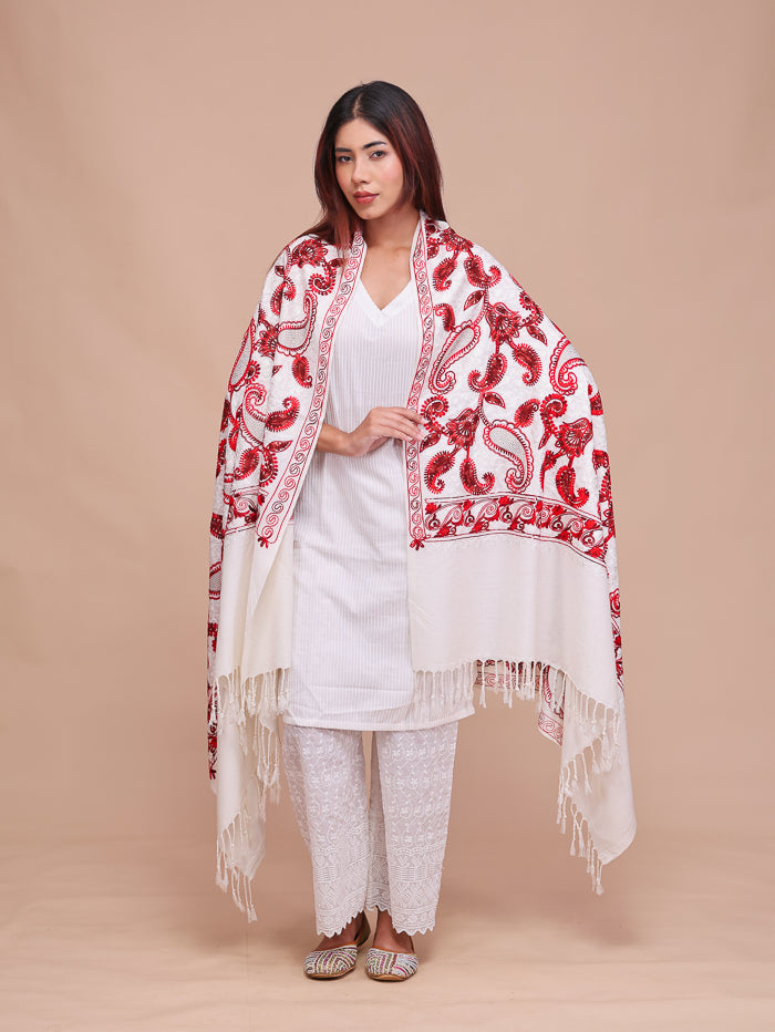 Women's Aari Embroidered Wool Shawl With Sequence