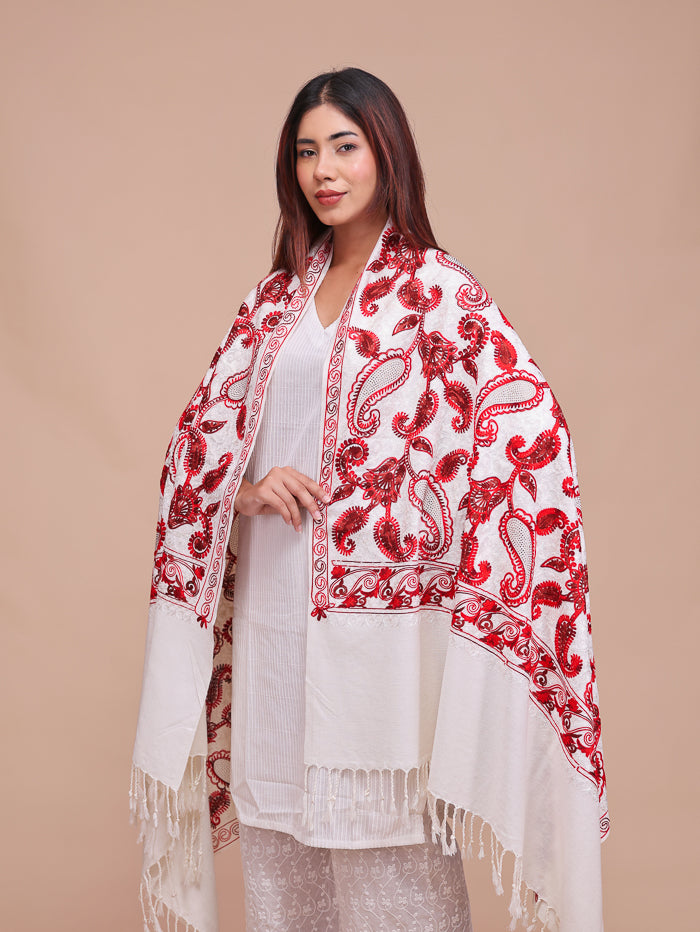 Women's Aari Embroidered Wool Shawl With Sequence