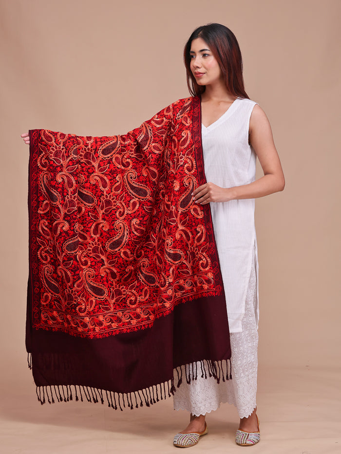 Women's Aari Embroidered Wool Shawl With Sequence