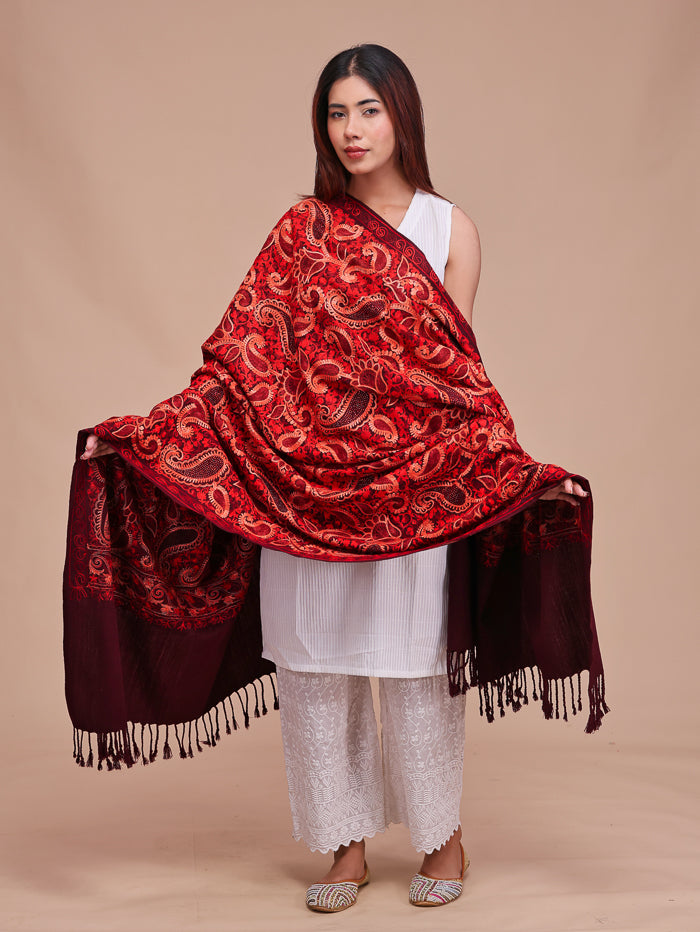 Women's Aari Embroidered Wool Shawl With Sequence