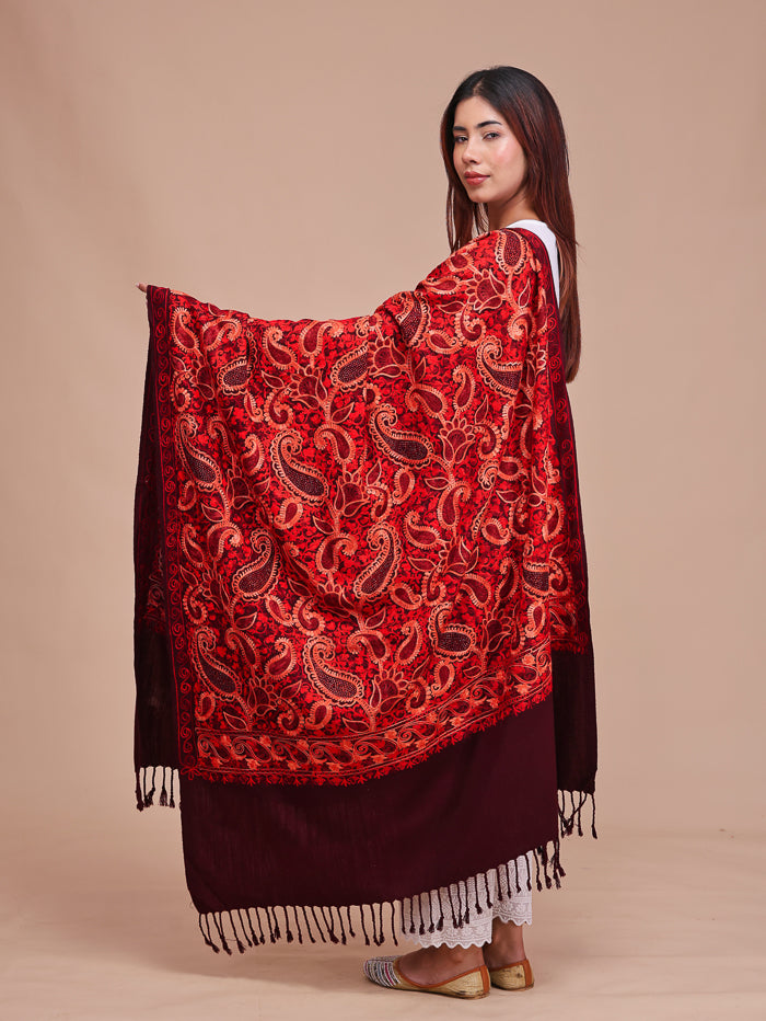 Women's Aari Embroidered Wool Shawl With Sequence