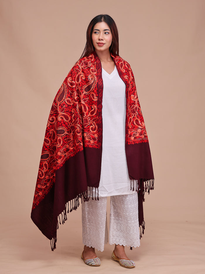 Women's Aari Embroidered Wool Shawl With Sequence