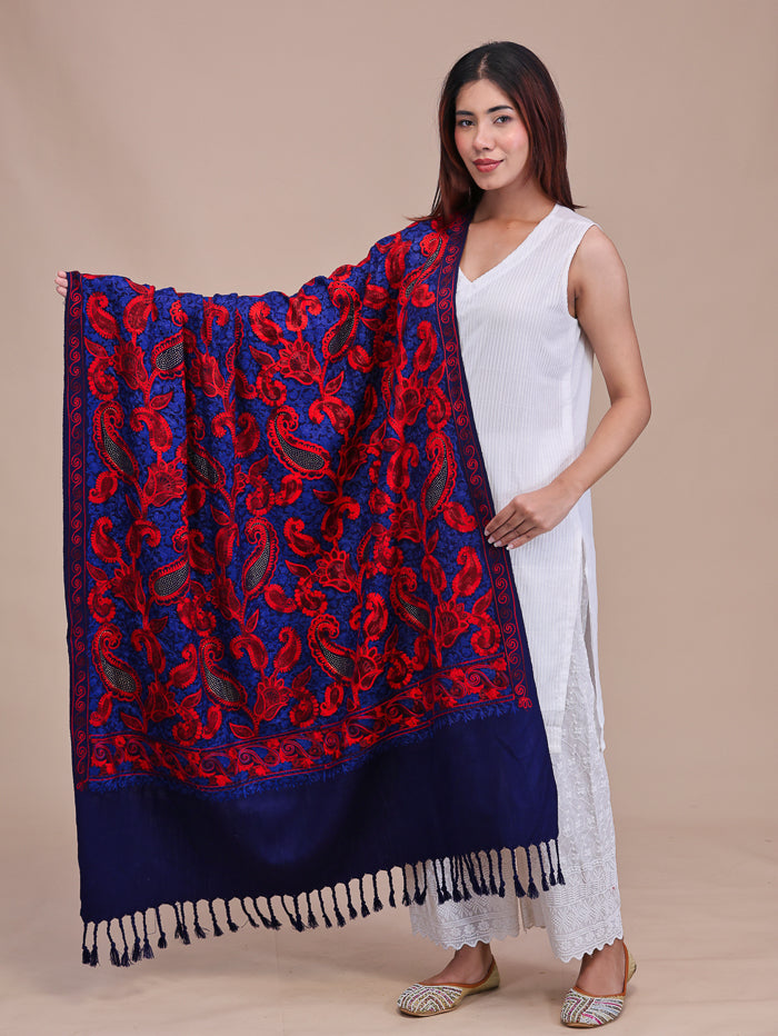 Women's Aari Embroidered Wool Shawl With Sequence