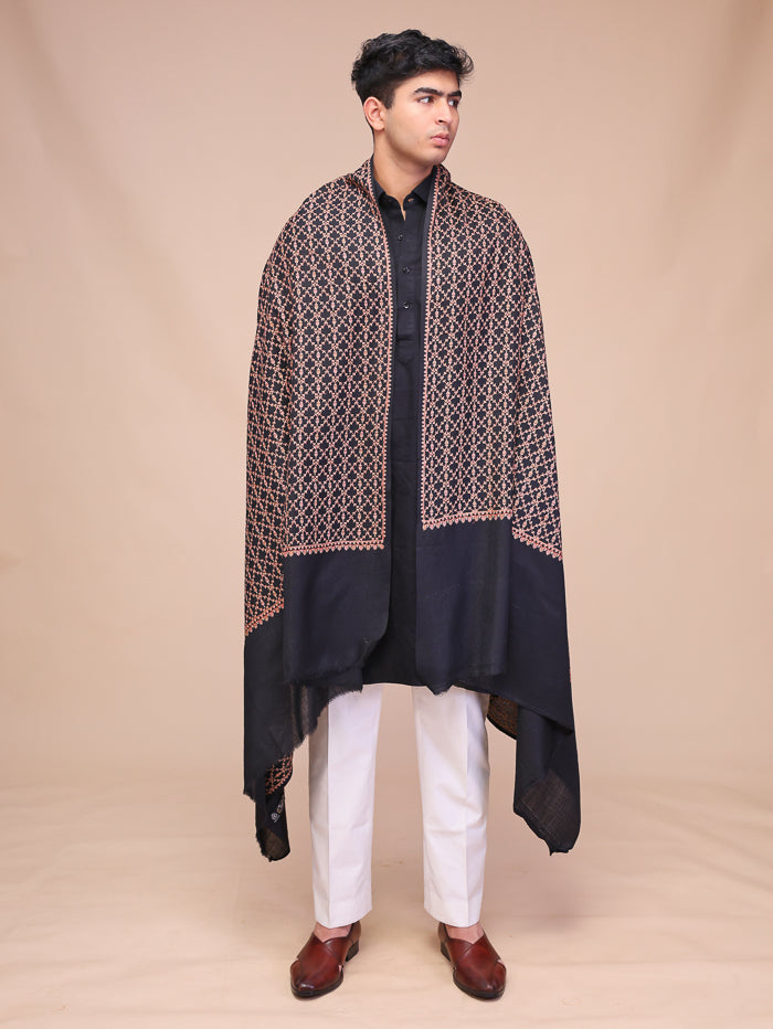 Men's Black Embroidered Wool Shawl
