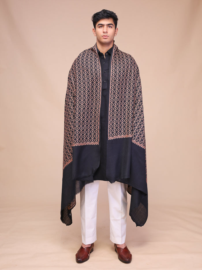 Men's Black Embroidered Wool Shawl