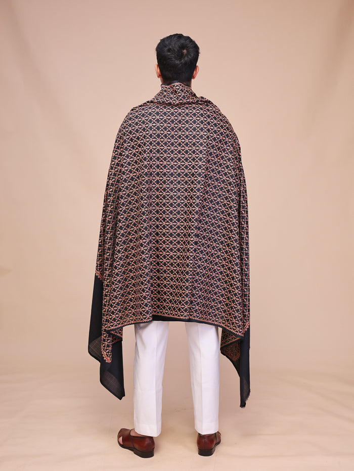 Men's Black Embroidered Wool Shawl