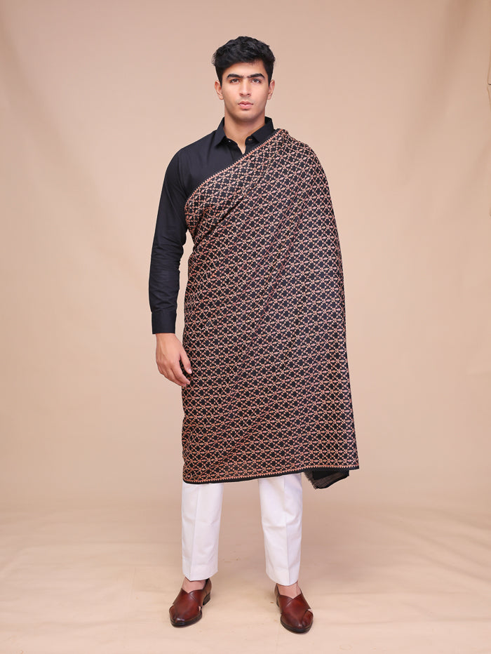 Men's Black Embroidered Wool Shawl