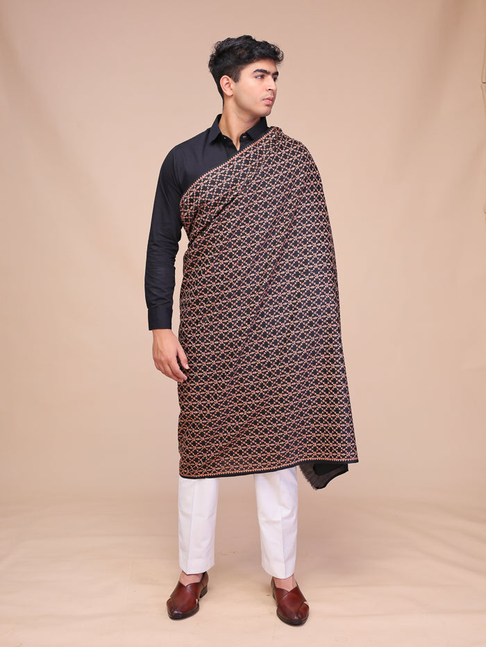 Men's Black Embroidered Wool Shawl