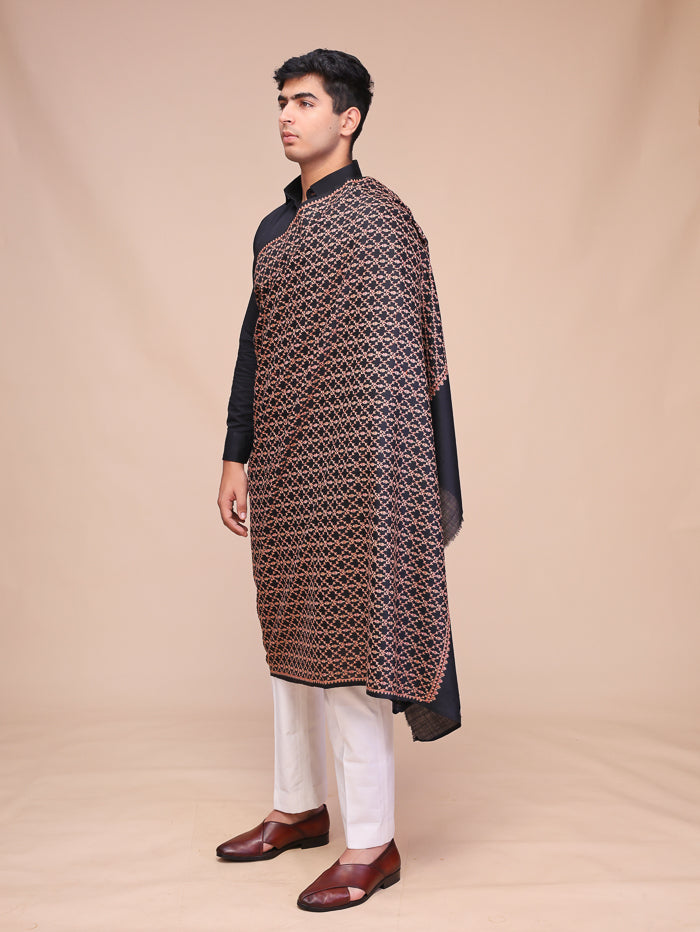 Men's Black Embroidered Wool Shawl